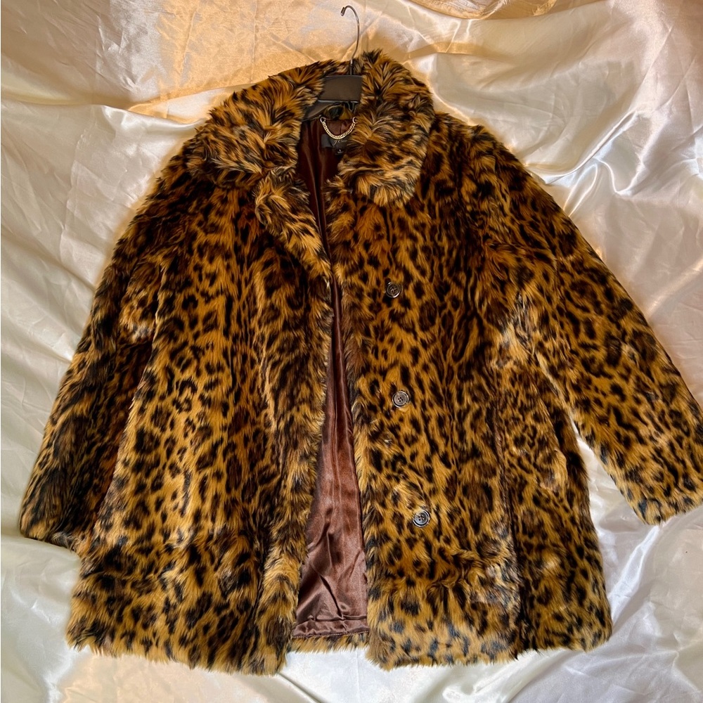 J.CREW Faux fur leopard coat